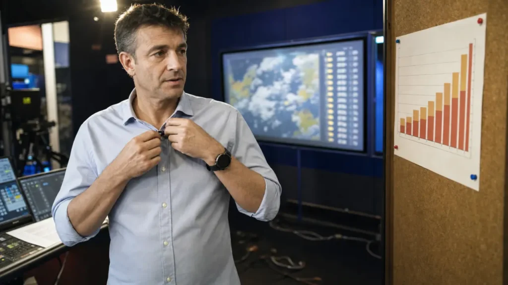 Salaire presentateur meteo en studio : présentateur ajuste un micro près d’un écran météo