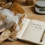Travail à domicile emballage Pôle emploi : colis, papier bulle et étiquettes sur table