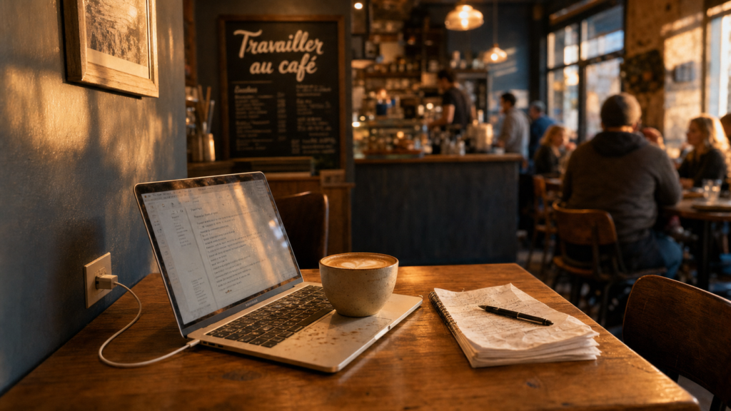 Travailler dans un cafe : ordinateur et latte en golden hour