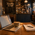 Travailler dans un cafe : ordinateur et latte en golden hour