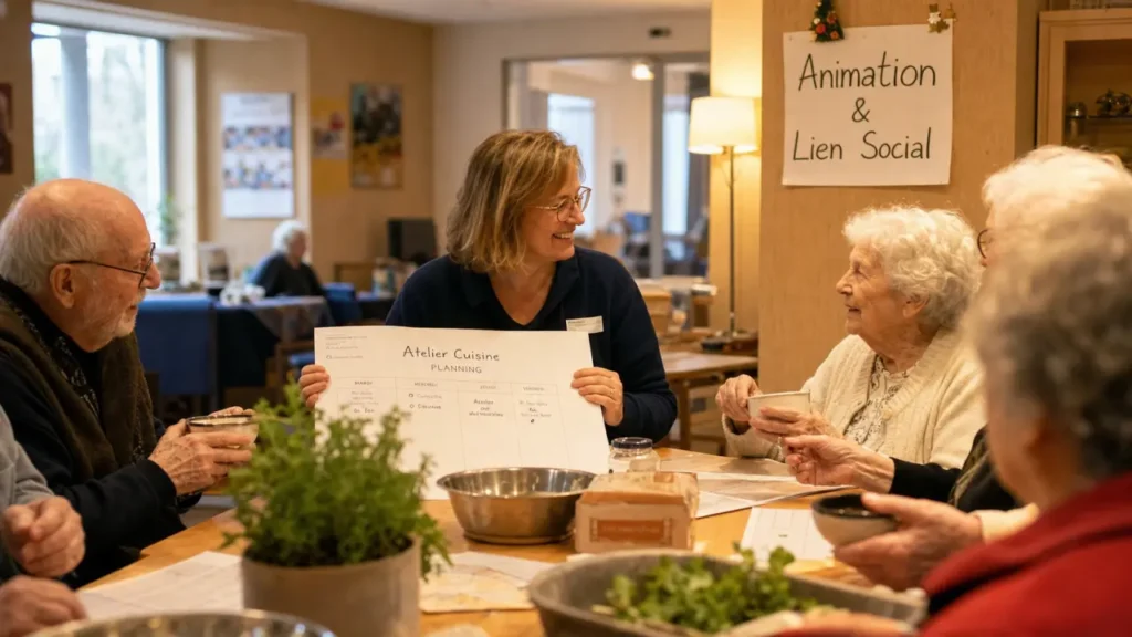 Animateur ehpad organisant un atelier cuisine pour maintenir le lien social en salle commune.