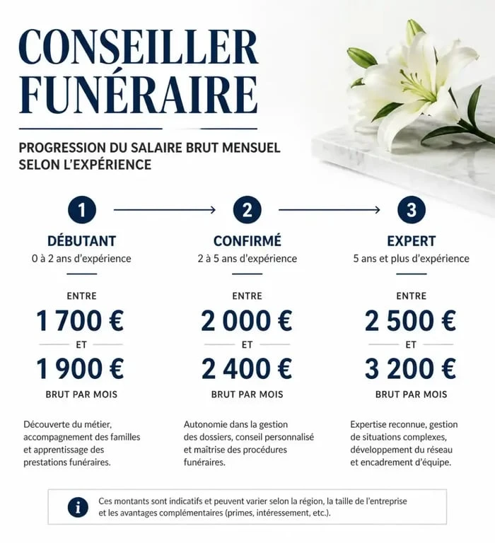 Évolution du salaire brut mensuel d'un conseiller funéraire selon l'expérience professionnelle