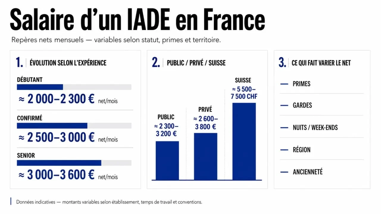 Infographie sur le iade salaire : expérience, public, privé, Suisse et facteurs de variation