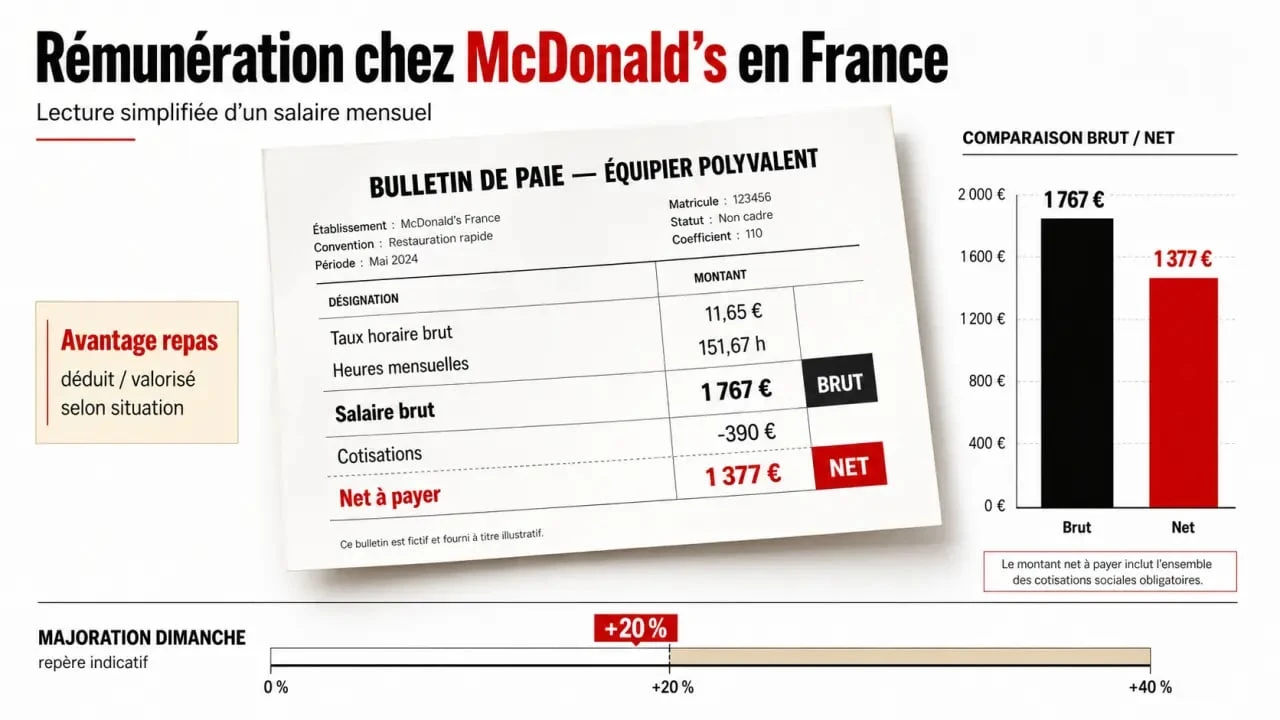 Salaire mcdo 35h : infographie éditoriale sur le brut, le net et les majorations chez McDonald’s