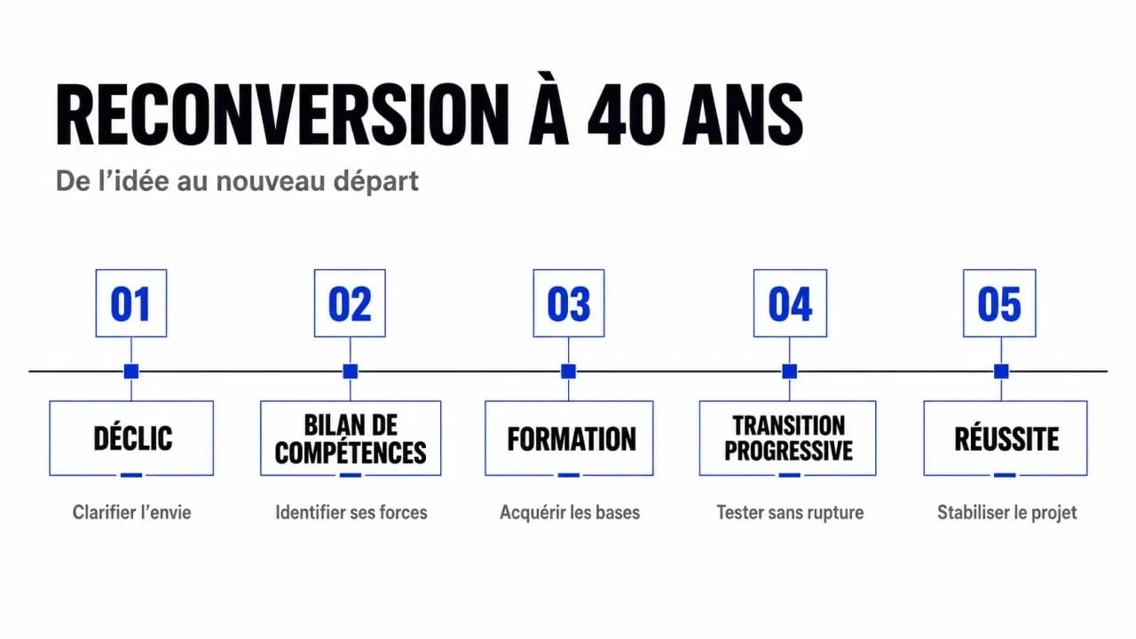 Frise de reconversion professionnelle à 40 ans témoignage avec les étapes déclic, bilan de compétences, formation et transition