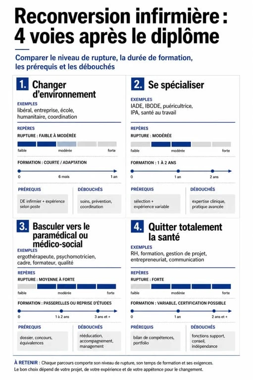 Reconversion professionnelle infirmière : infographie des quatre voies possibles après le diplôme