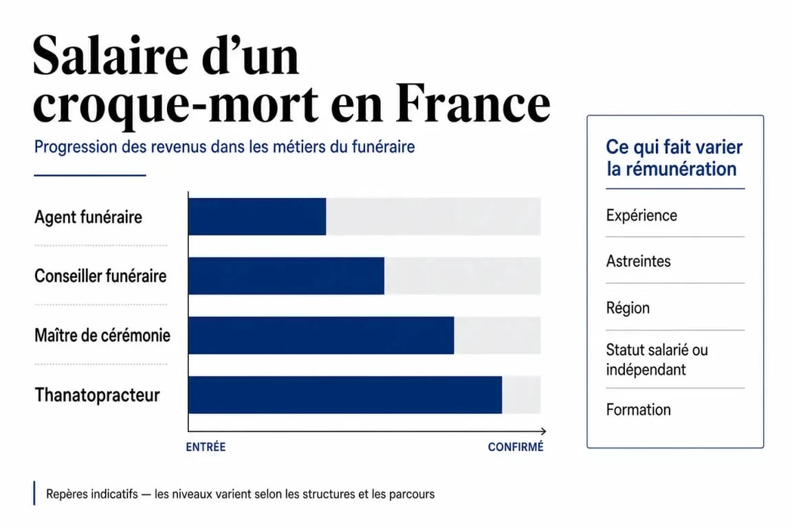 Croque mort salaire : infographie éditoriale sur la progression des revenus selon les métiers du funéraire