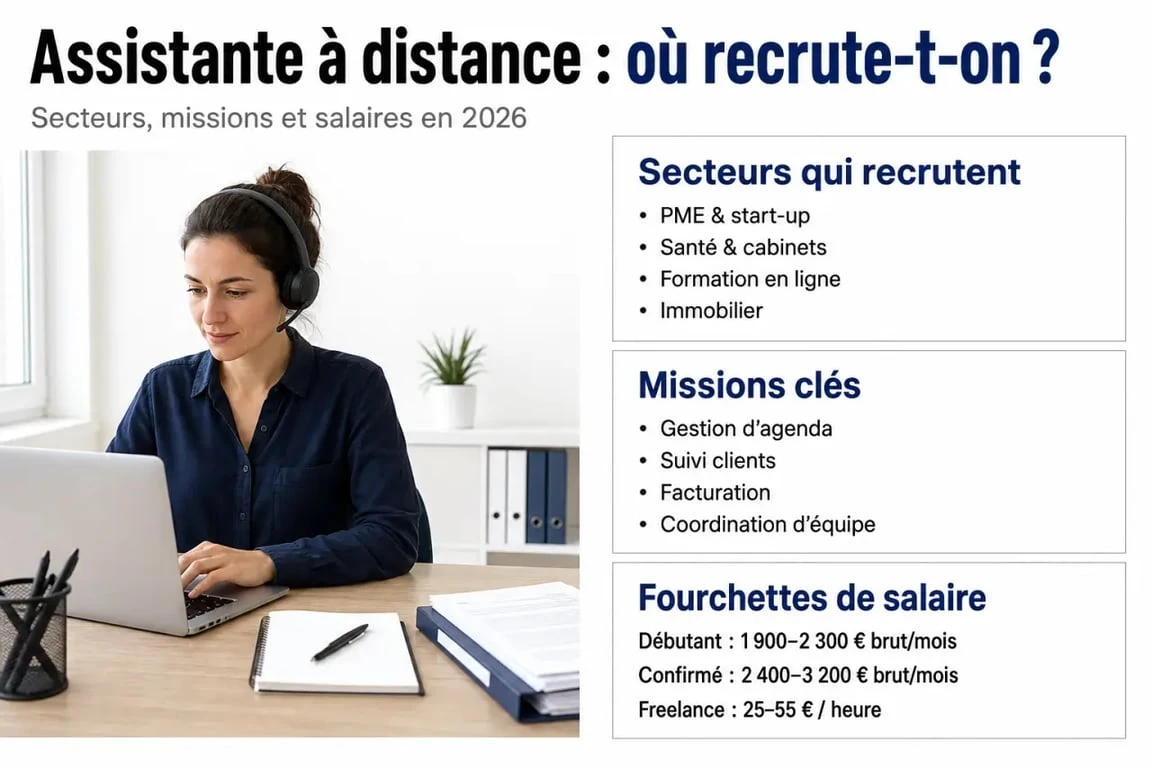 Assistante télétravail : secteurs qui recrutent, missions clés et fourchettes de salaire