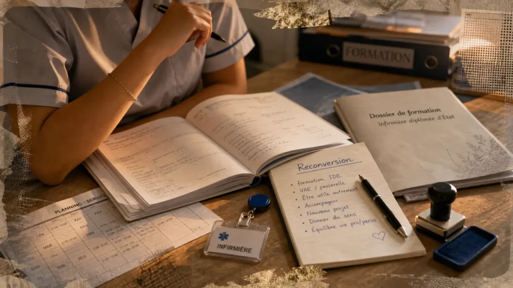 Reconversion professionnelle infirmière : bureau et dossier de formation, carnet médical