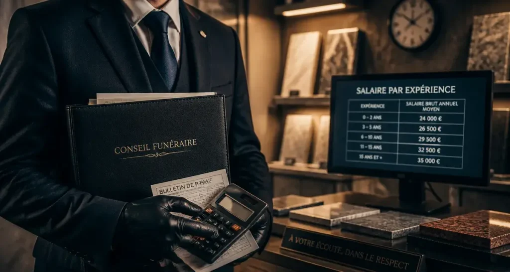 Salaire conseiller funéraire : rémunération, primes, calculatrice et feuille de paie