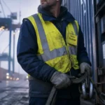 Salaire docker : docker au port, gilet haute visibilité près d’un conteneur