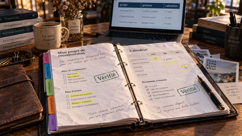 Dossier reconversion professionnelle avec preuves et calendrier