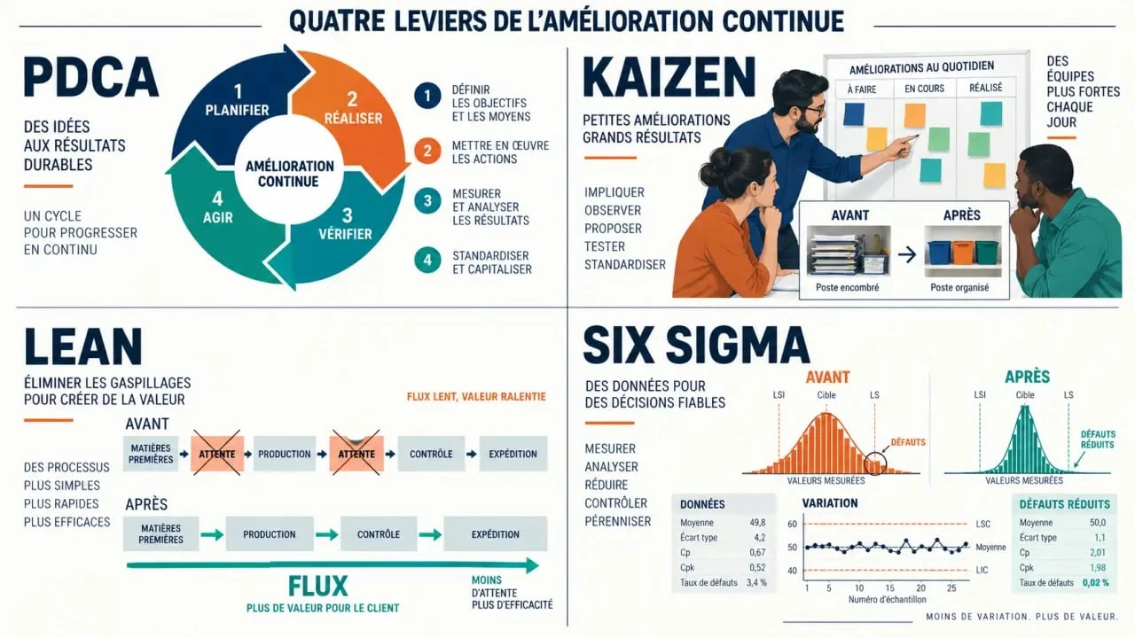 Formation en amélioration continue : illustration des approches PDCA, Kaizen, Lean et Six Sigma