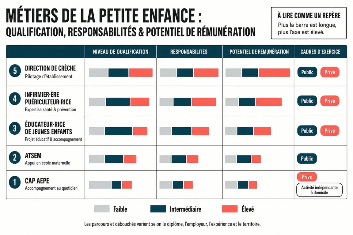Infographie comparative des métiers de la petite enfance bien payé selon le diplôme et les responsabilités