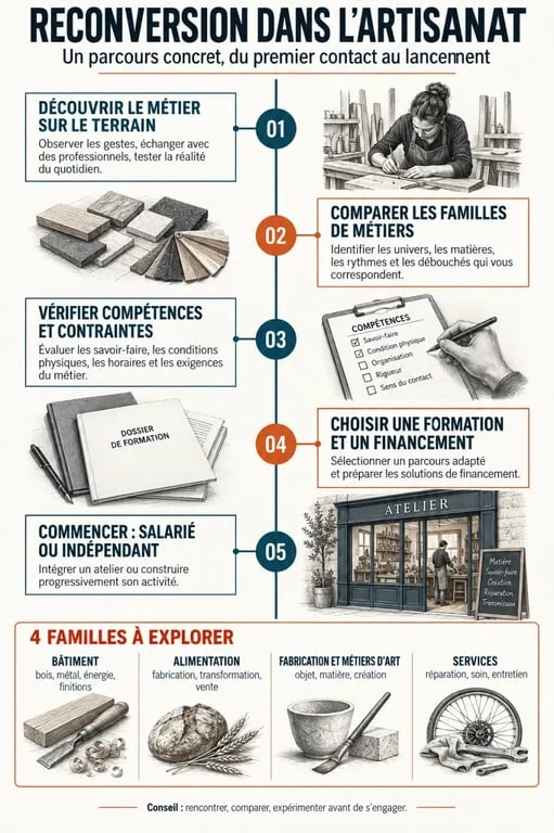 Infographie du parcours de reconversion artisanat et des quatre familles de métiers