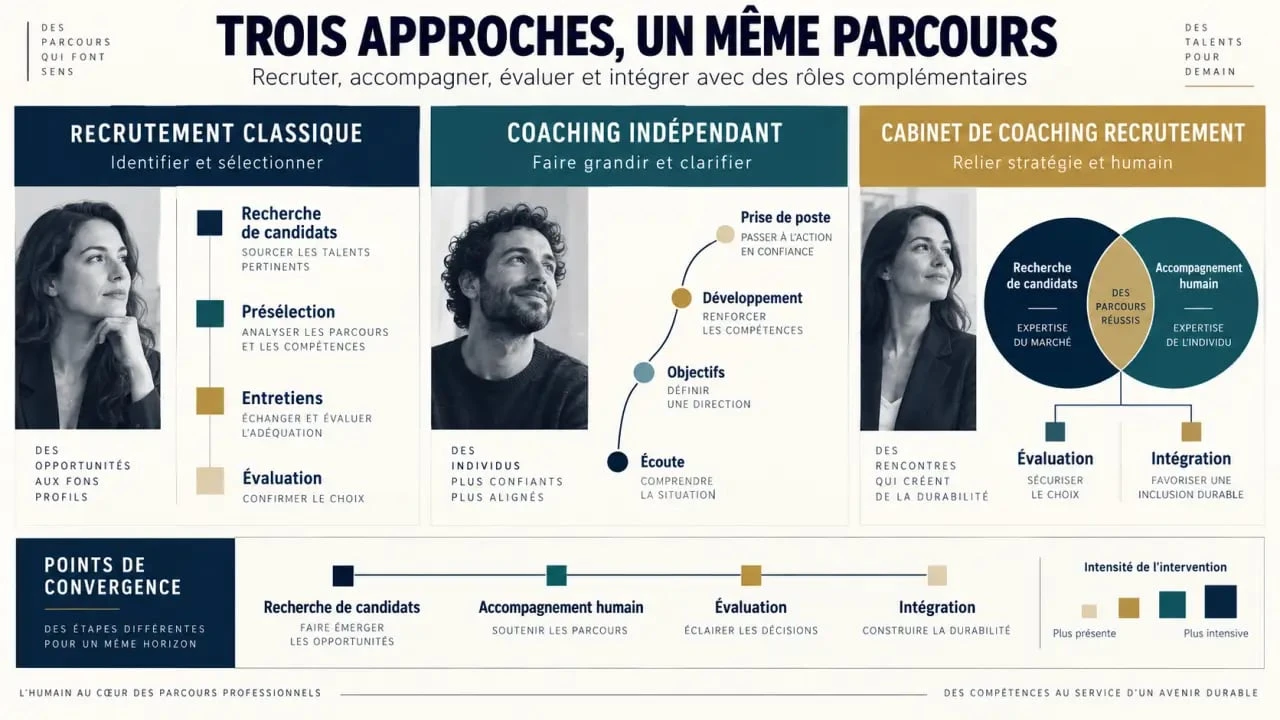 Infographie comparative d'un cabinet de coaching recrutement, du recrutement classique et du coaching indépendant