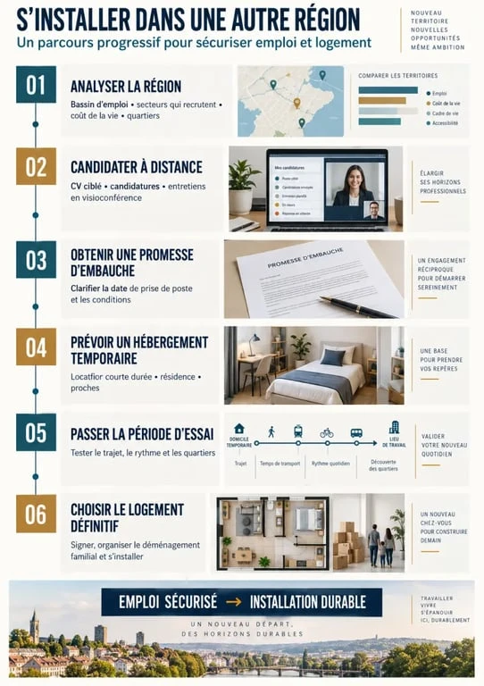 Parcours pour trouver un emploi et un logement dans une autre région, de la candidature au déménagement définitif