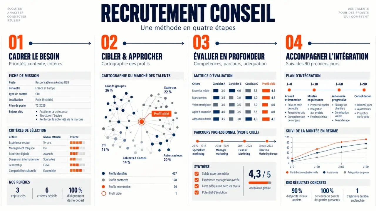 Les quatre étapes du recrutement conseil, du cadrage du besoin à l’intégration du candidat