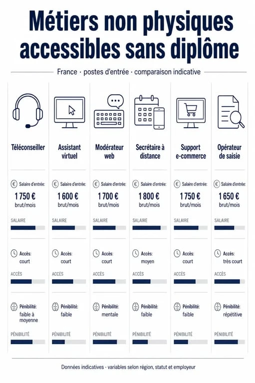 Métier non physique sans diplôme : comparatif visuel des emplois accessibles, des salaires d’entrée et de la pénibilité