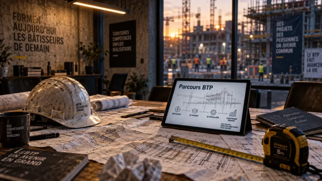 formation btp reconversion : bureau de formation BTP avec plans techniques et casque de chantier
