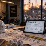 formation btp reconversion : bureau de formation BTP avec plans techniques et casque de chantier