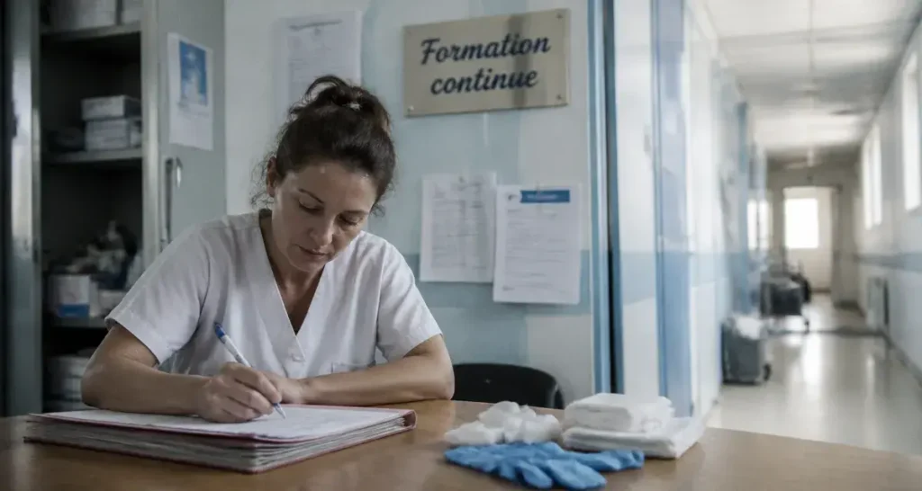 Formation continue aide soignante en établissement : aide-soignante écrit sur dossier patient
