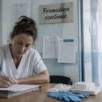 Formation continue aide soignante en établissement : aide-soignante écrit sur dossier patient