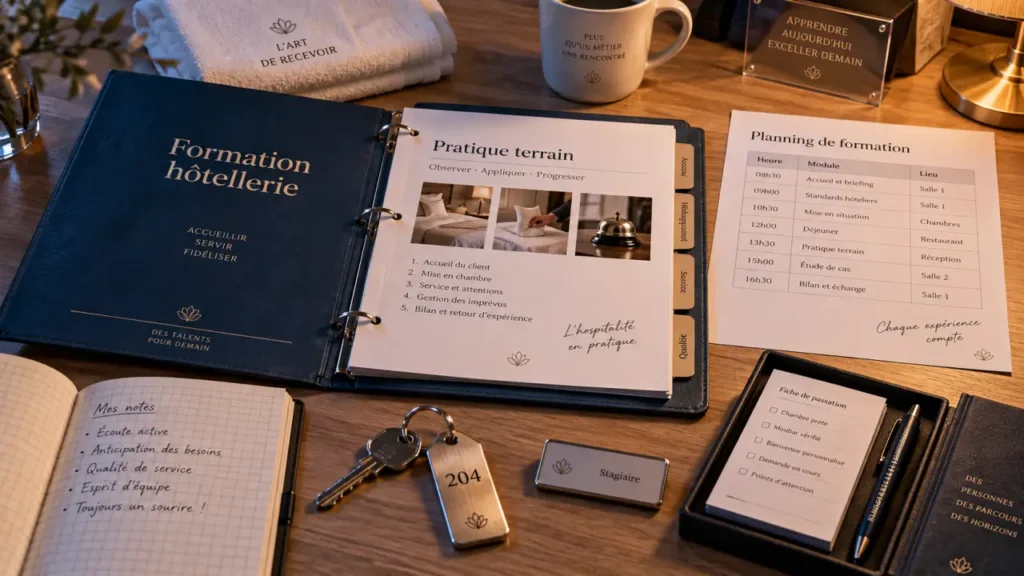 Formation professionnelle hotellerie : dossier et clé de chambre sur table de formation