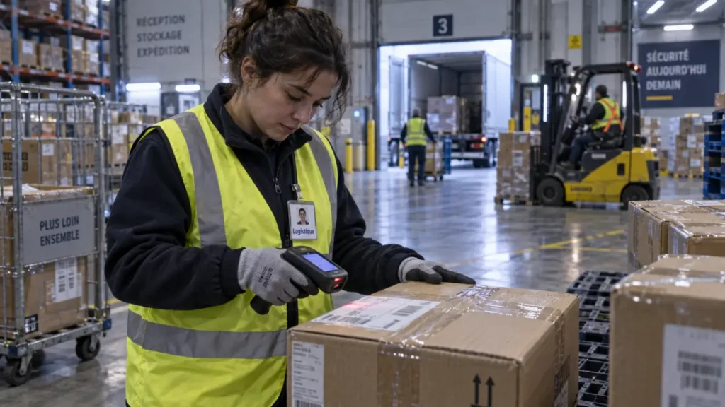 Agent en logistique scanne un colis dans un entrepôt (réception, stocks, expédition)