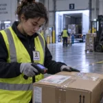 Agent en logistique scanne un colis dans un entrepôt (réception, stocks, expédition)