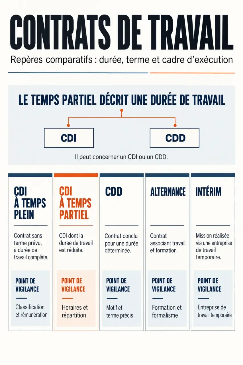 Exemples de contrat de travail : comparaison entre CDI, CDD, temps partiel, alternance et intérim