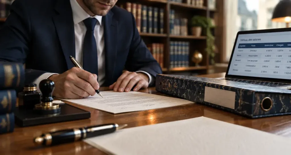 Juriste droit des affaires salaire : signature sur bureau avec barème