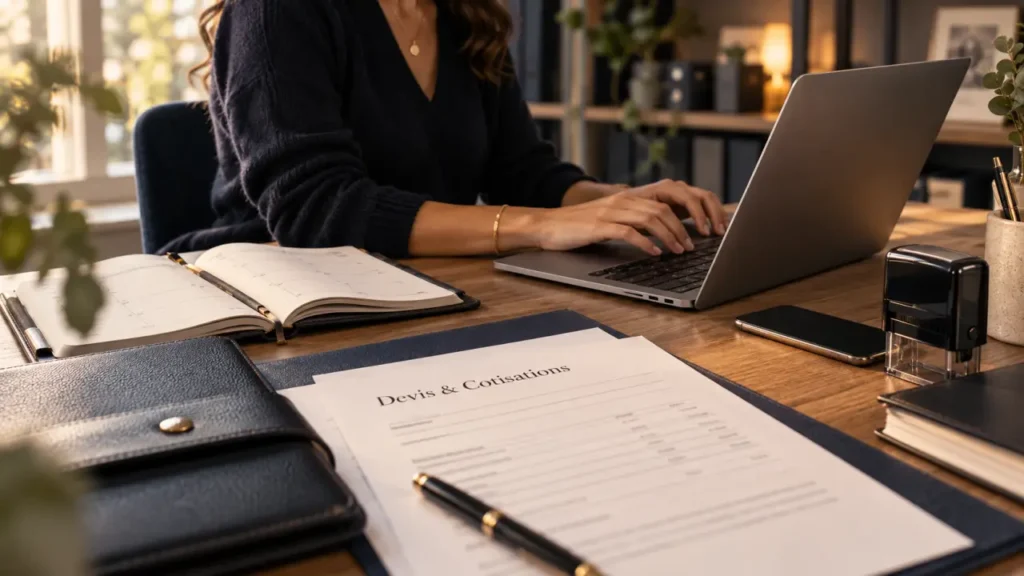Secrétaire auto entrepreneur au bureau, devis et cotisations