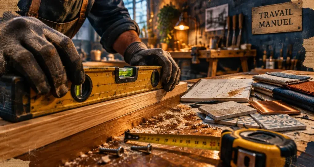 Travail manuel : mains gantées, niveau à bulle, atelier et métiers