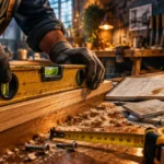 Travail manuel : mains gantées, niveau à bulle, atelier et métiers
