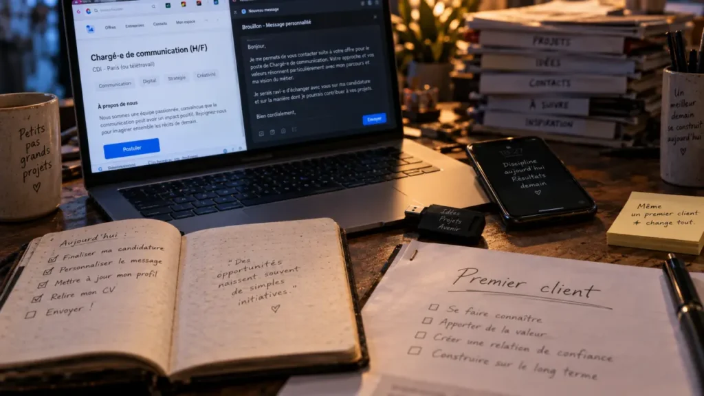 Trouver des clients freelance : candidature et message personnalisé sur ordinateur